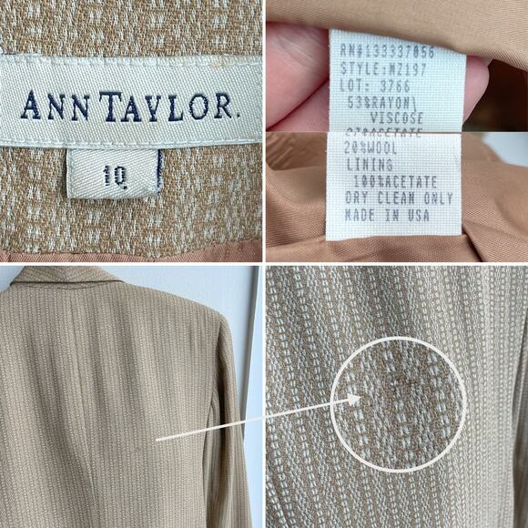 80s Vintage Ann Taylor Blazer Jacket Womens 10 Tan Cream Wool Blend 2 Button - Picture 11 of 11